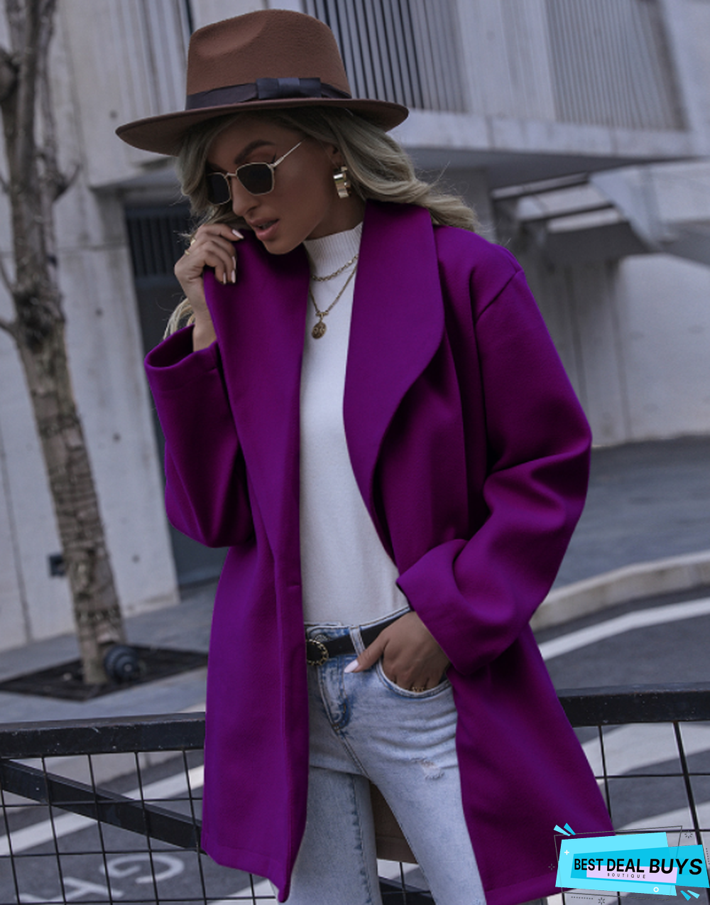 Solid Color Double Pocket Loose Woolen Coat