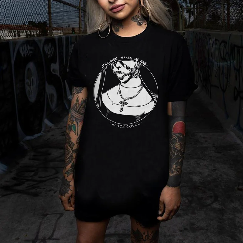 Religion Makes Me Gag Print Punk Style Women's  T-shirt -  