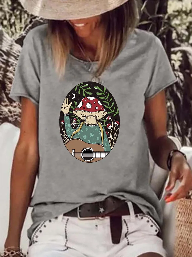 Mushroom playing guitar village life Raw Hem Tee