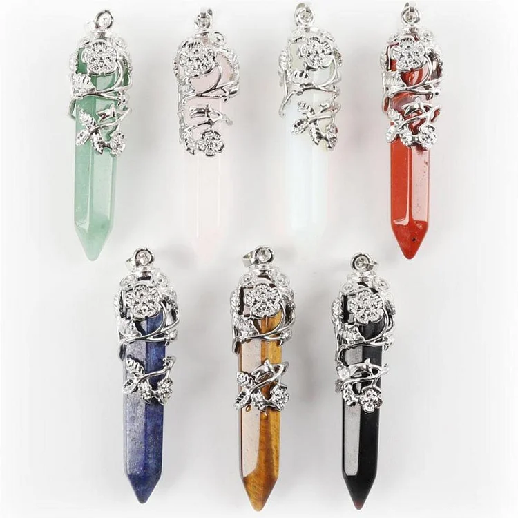 Natural Healing Flower Wrapped Crystal Point Pendant