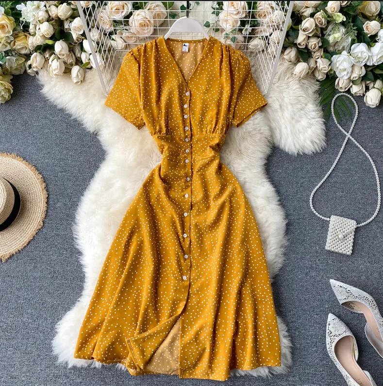 Vintage Polka dot print Chiffon Dress Women 2020 Summer V-neck Single-breasted Short sleeve Dresses Casual Vestidos Mujer