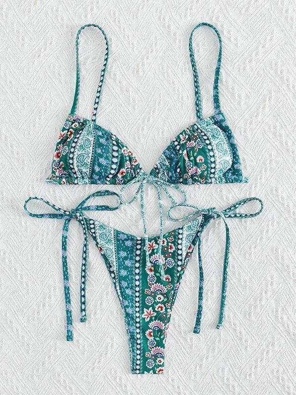 Brownm Ethnic Floral Lace Up Bikini Set