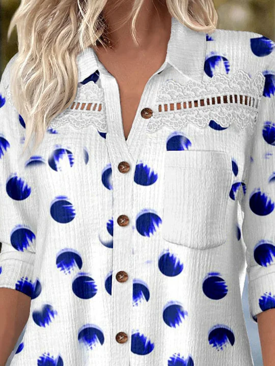 Women Long Sleeve Shirt Collar Polka Dot Printed Graphic Lace Button Pockets Tops