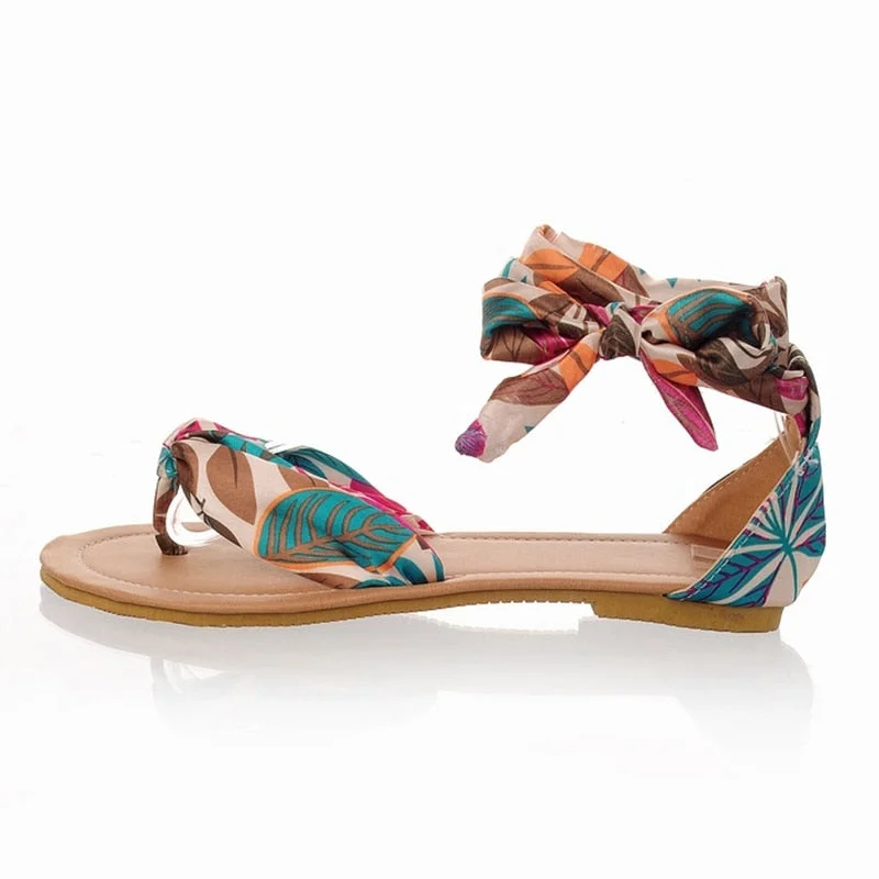 BONJOMARISA 2020 Plus Size 34-52 Flat Sandals Women Soft Casual Flower Print Women Sandals Summer Low Heel Beach Shoes Woman