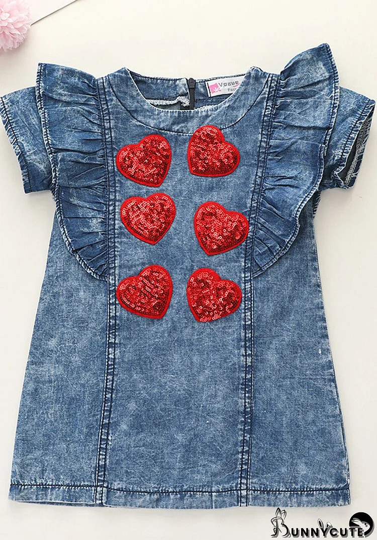 Summer Kids Girl Heart Fly Sleeve Blue Denim Dress