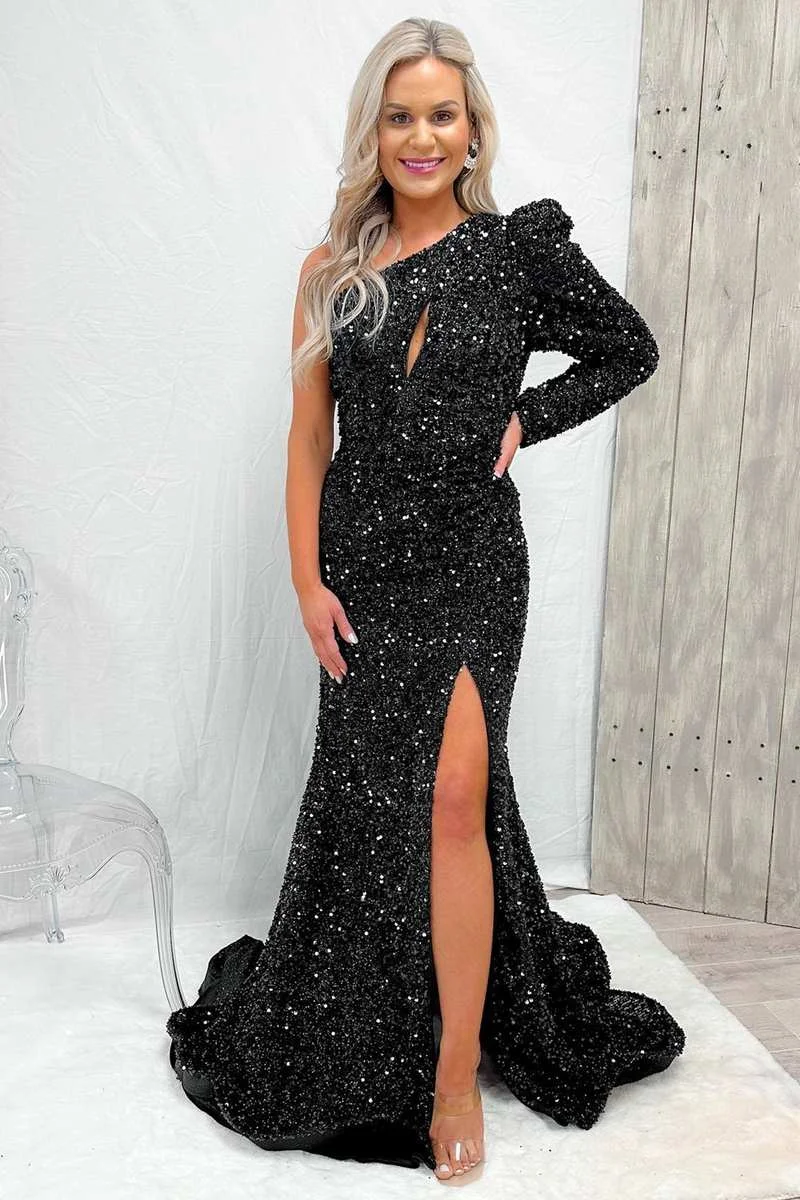 Bellasprom Black One Shoulder Long Sleeve Mermaid Prom Dress Sequins With Split