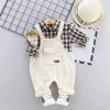Kid Baby Boys Cartoon Plaid Tops Bib 2Pcs Tracksuits Set