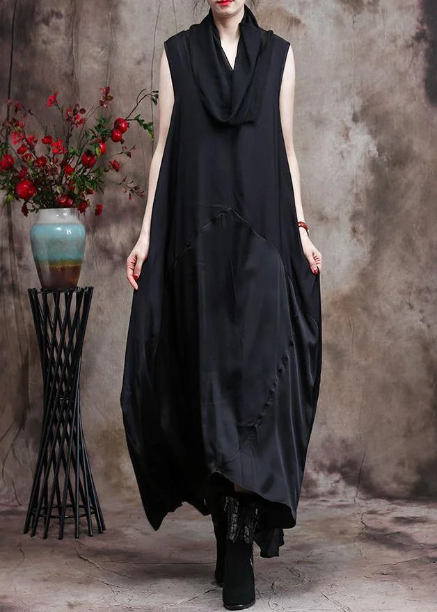 Classy Black Silk Dress Tunics Patchwork Vestidos De Lino Dress