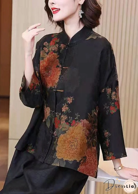Plus Size Stand Collar Print Button Silk Shirt Long Sleeve