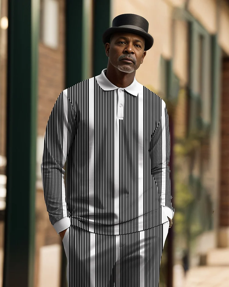 Men's Geometric Plaid Casual Colorblock POLO Shirt Trousers Set 013
