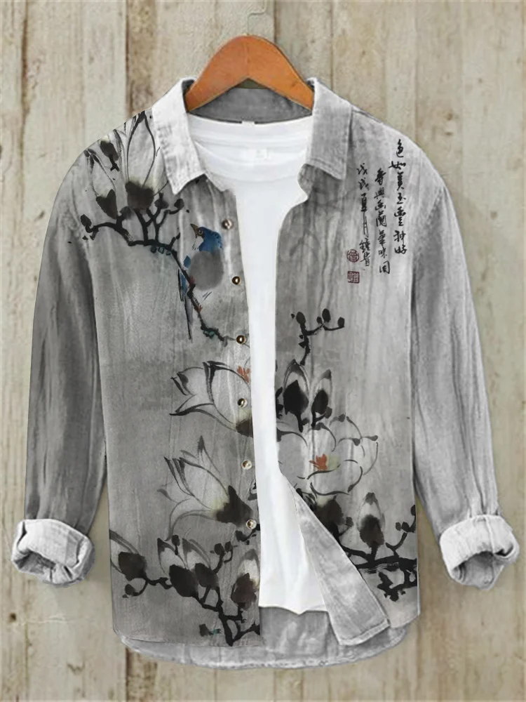 Men's Floral Ink Painting Vintage Linen Blend Shirt