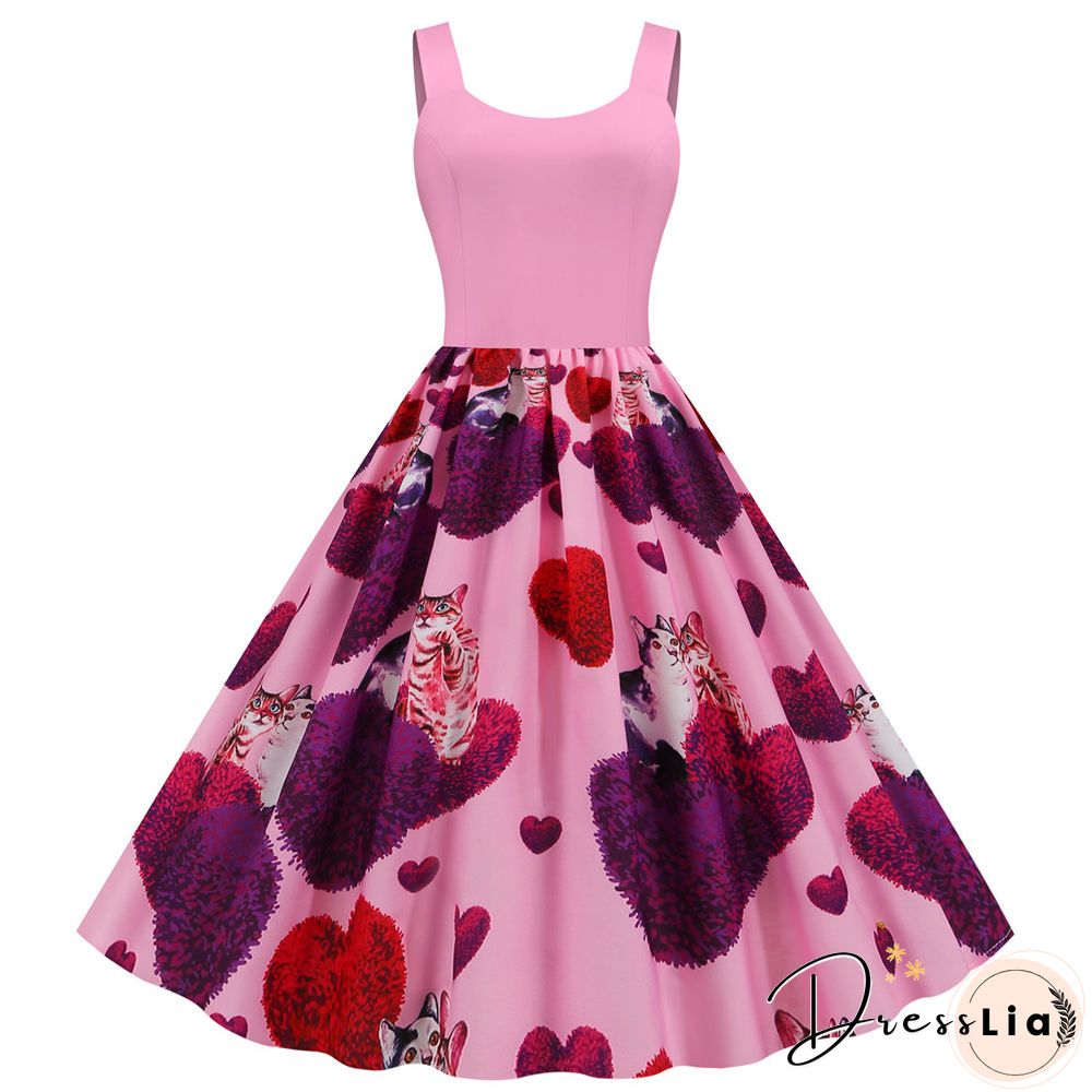 Sweet Heart Print Swing Vintage Women Summer Dress Sexy Halter Retro Rockabilly Rave Party