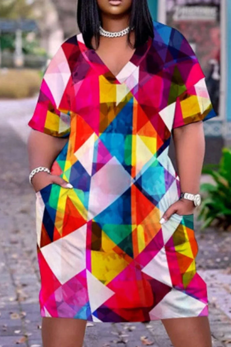 Casual Print Patchwork V Neck Straight Dresses