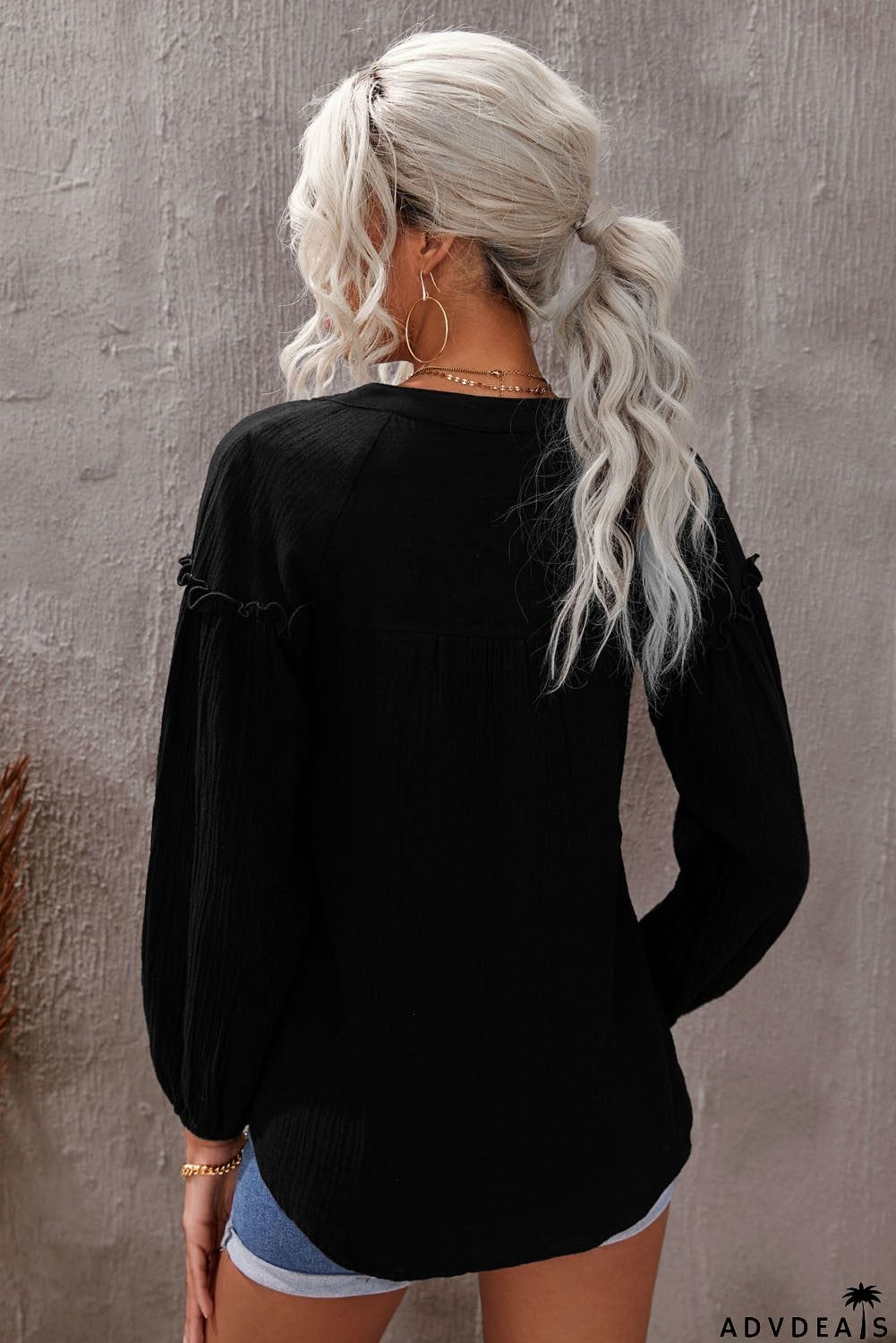 Casual Balloon Sleeve Crinkled Top