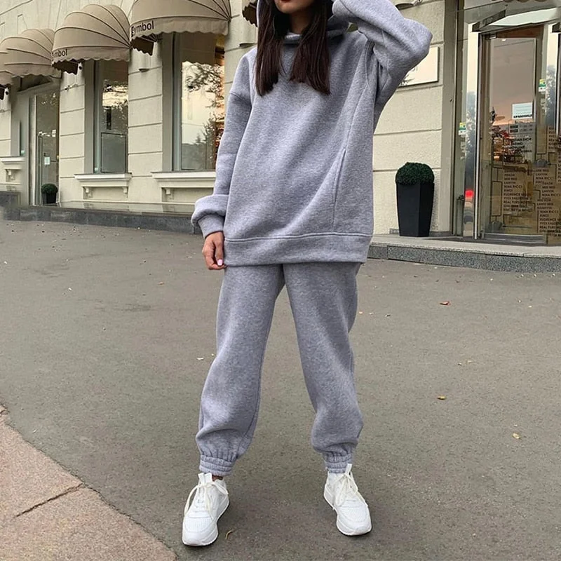 Oversize Heart Printed Fleece Women's Tracksuit Hoodies 2 Piece Set Sweatshirt + Pants Women Sport Suit Winter Sportswear
