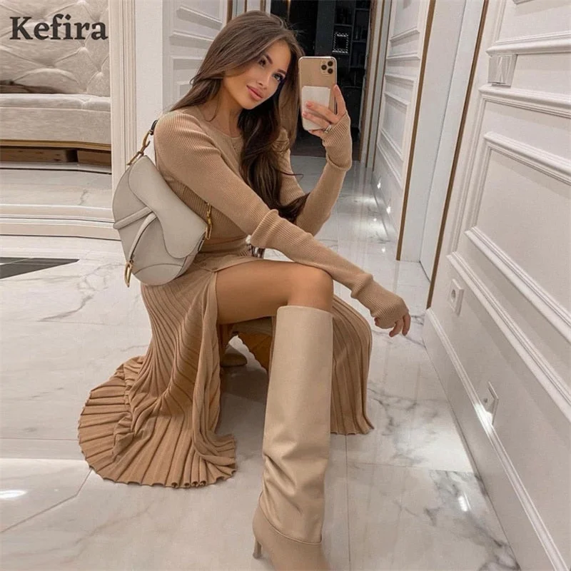 Kefira 2022 Knitted Sweater Long Skirts Two Piece Set Women Suits With Skirt Crop Top Button Sexy Split Dress Suits Outfits