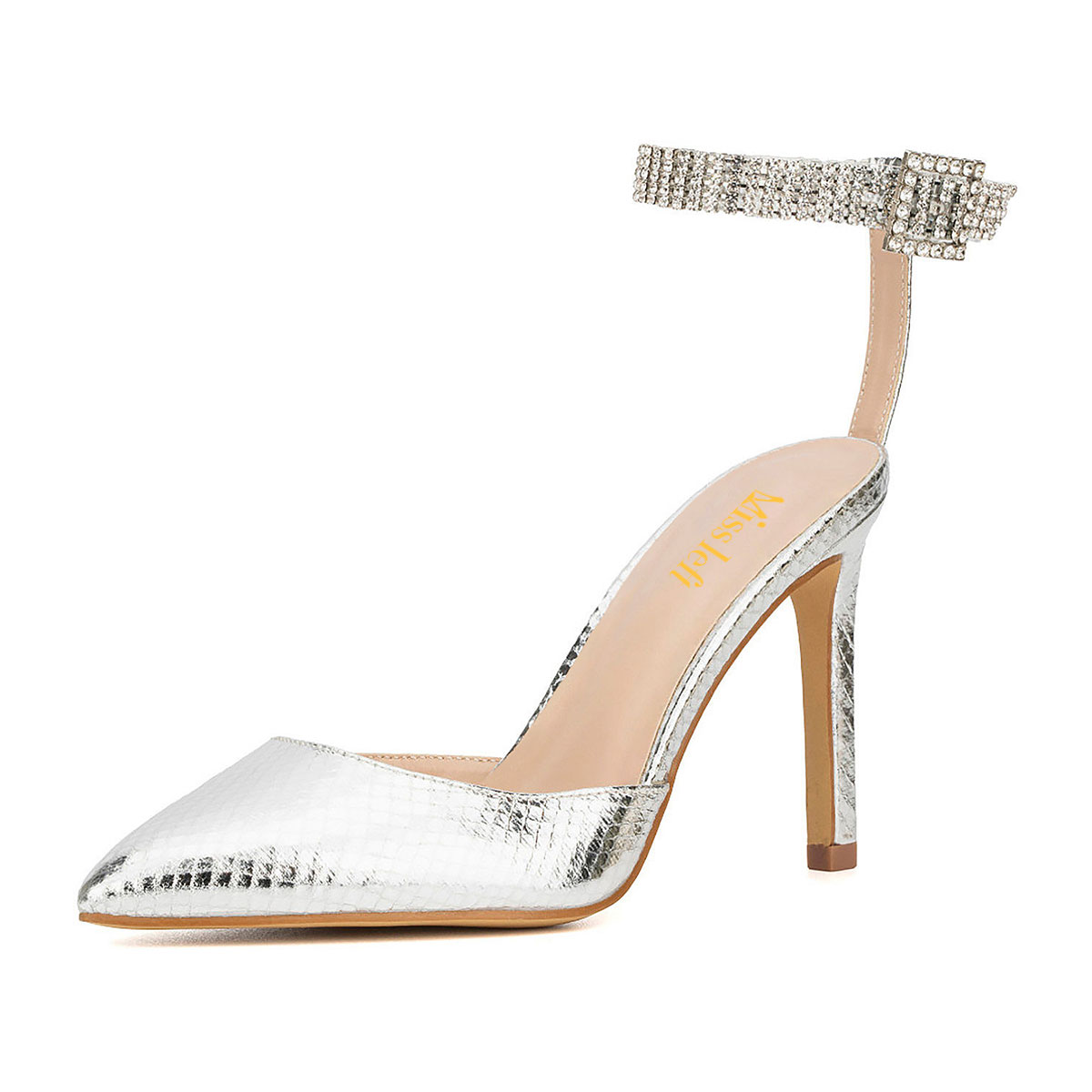 Snake Embossed Rhinestone Buckle Ankle Strap Pointed Toe Silver Pumps Nicepairs