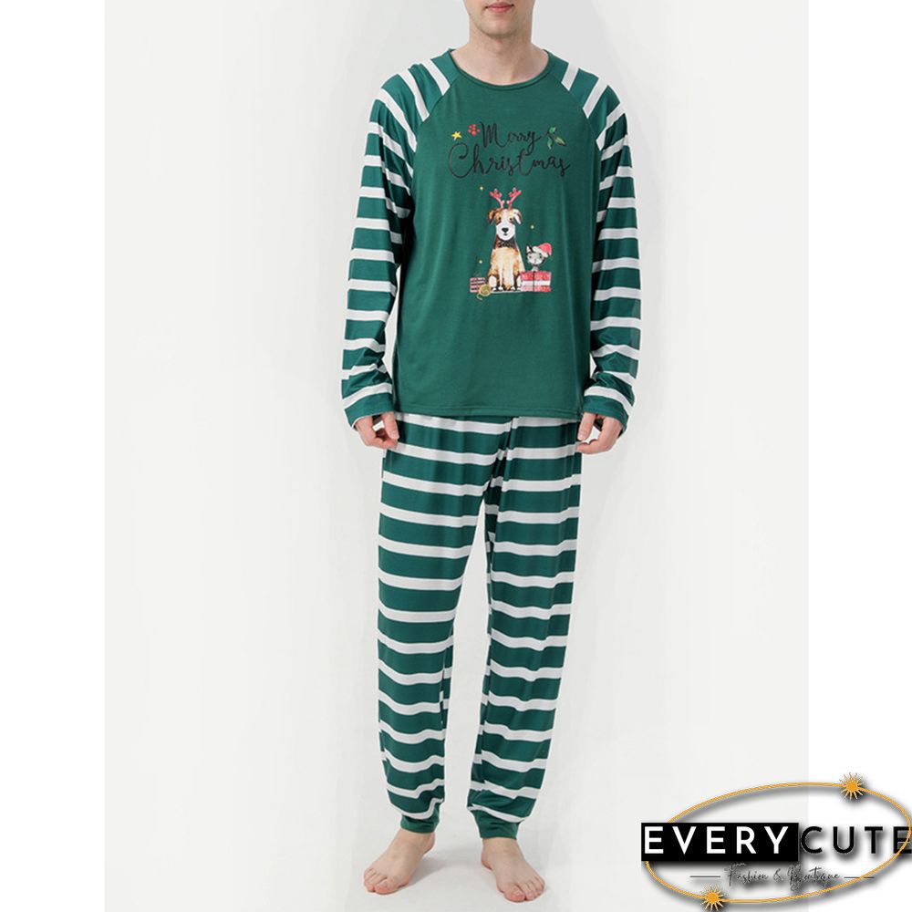 Green Striped Graphic Print Cotton Blend Lounge Set