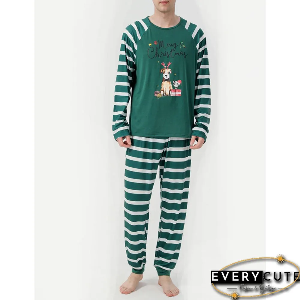 Green Striped Graphic Print Cotton Blend Lounge Set