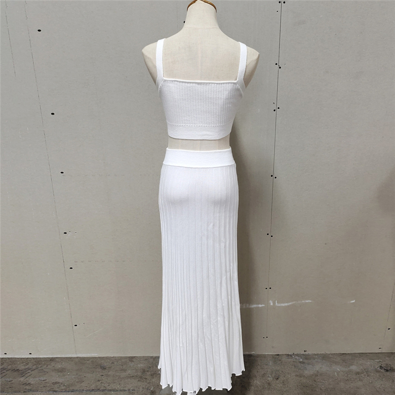 Ootddress New White Knit Two Piece Women Sets Fall Ribbed Tank Top And Pleated Knitted Skirt Suits For Women Long Dress Sets Summer