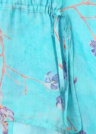 French o neck drawstring linen clothes Fabrics green print shirts