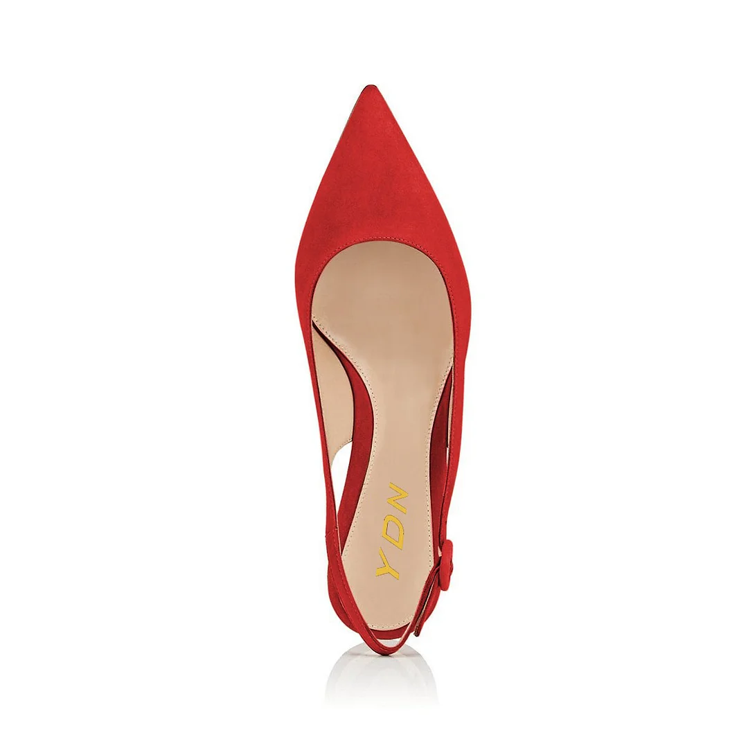 Vegan Suede Pointed Toe Kitten Heel Buckle Slingback Red Pumps