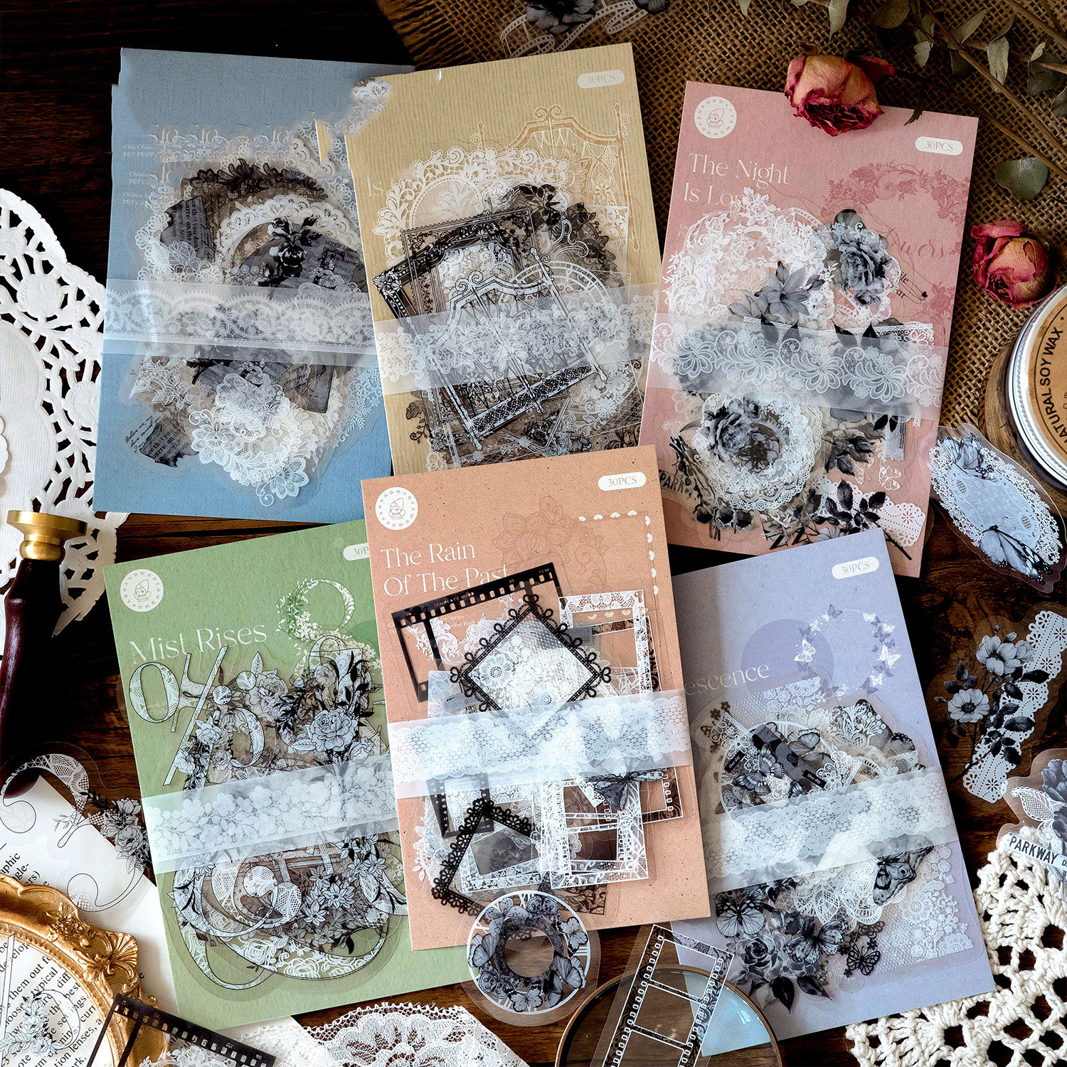 PET 스티커 - 중국 먹물 안개비 시리즈 빈티지 레이스 숫자 꽃