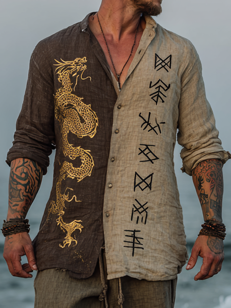 Men's Viking-Inspired Golden Dragon Rune Long Sleeve Linen Shirt / Rvogue / Rvogue