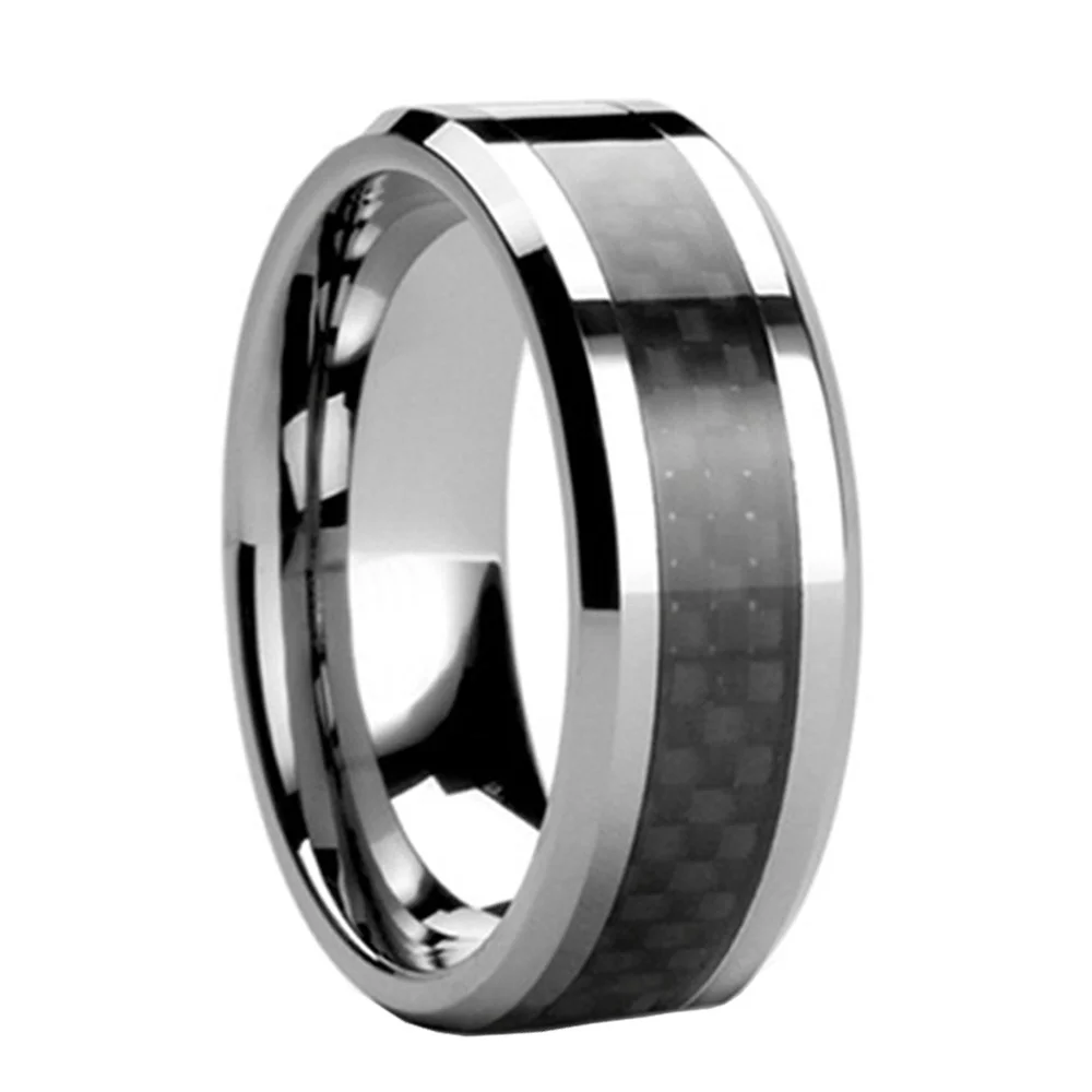 6MM 8MM Mens Tungsten Rings Black Carbon Fiber Inlay Silver Beveled Edge