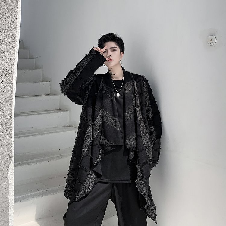 Dawfashion-Characteristic Pattern Buttonless Mid-length Trench Coat-Yamamoto Diablo Clothing