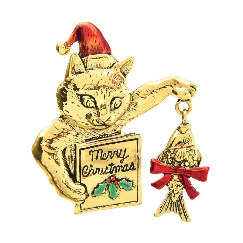 Delightful Christmas Cat Holding Fish and Books Brooch Pins