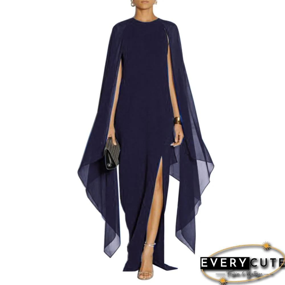 Navy Blue Crepe Flared Sleeve Bodycon Maxi Dress