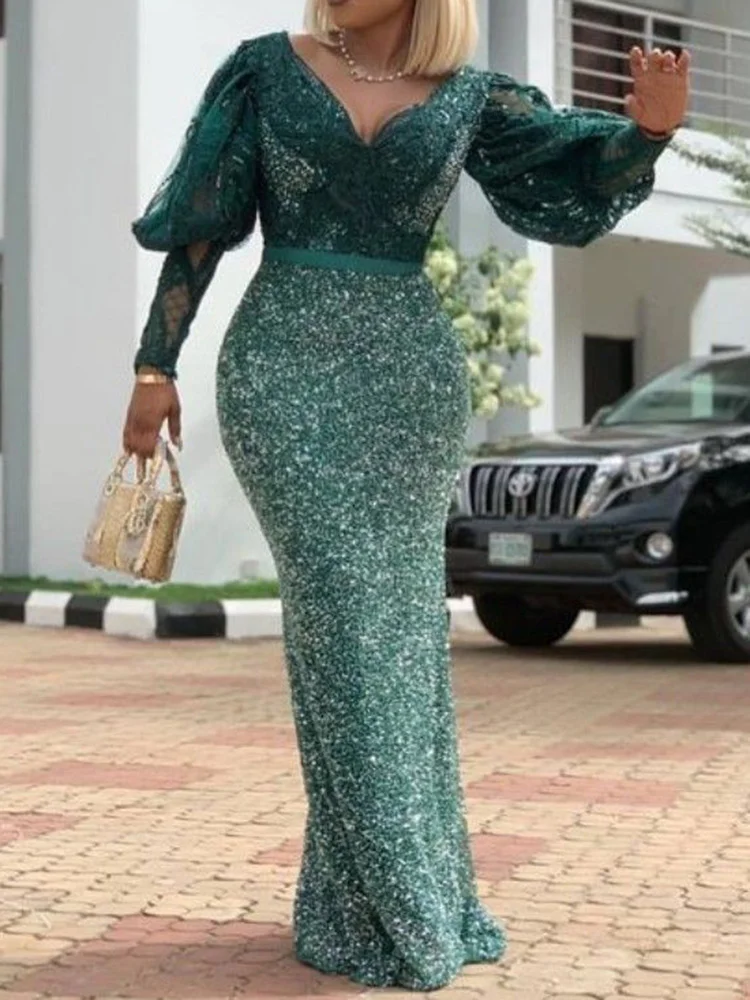 Banquet Long Sleeves Plain Sequined V-Neck Wrap Maxi Dresses