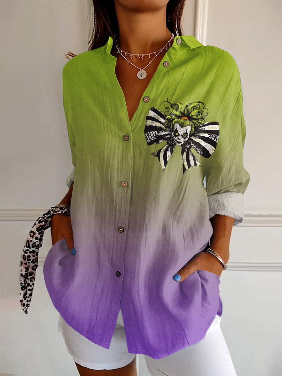 Women's Halloween Art Print Cotton And Linen Long-Sleeved Shirt