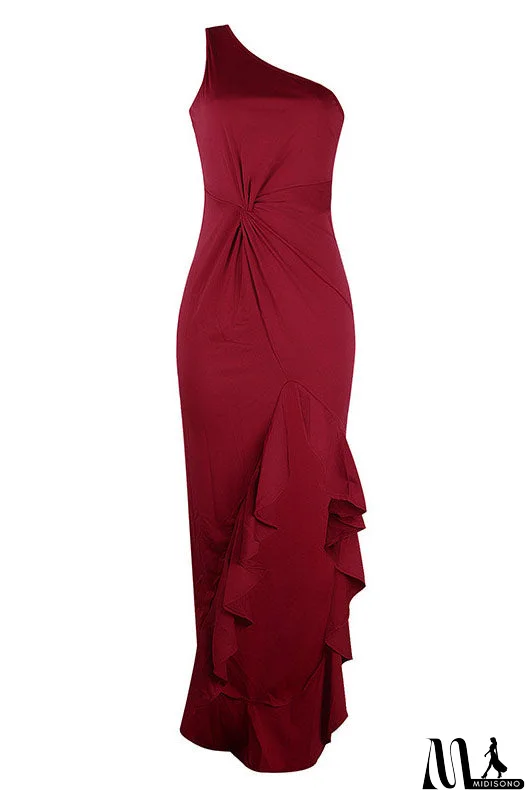 MidiSono - Burgundy One Shoulder High Slit Prom Gown Evening Dress