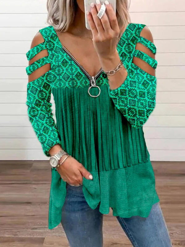 Vintage Western Aztec Tassel Art Hollow Shoulder T Shirt
