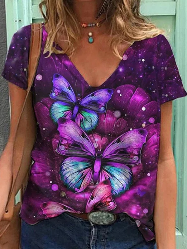 Butterfly And Flowers Printed V-Neck Tee