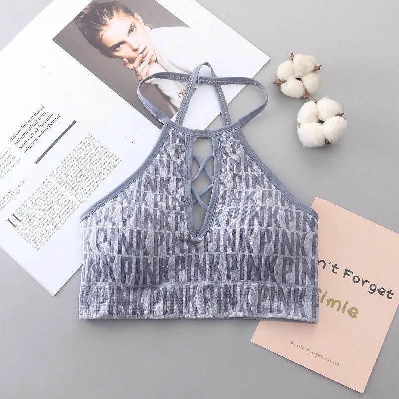 Zoki Sexy Hollow Out Women Crop Tops Energy Sports Bra Pad High Impact Tanks Fashion Letter Knitted Female Camis Fitness Tanks