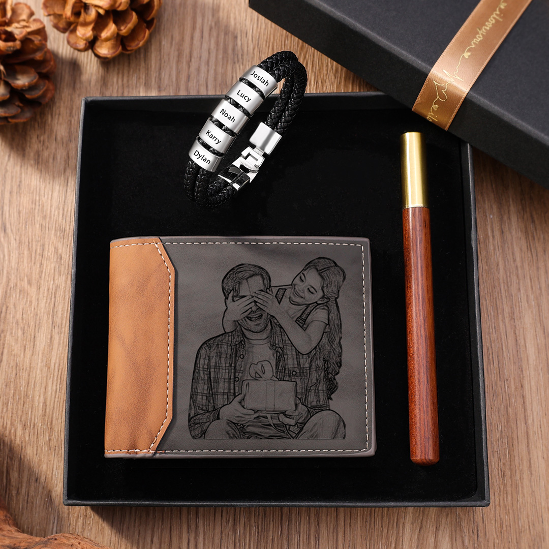 Personalised 1 Photo & 1 Letter & 6 Names Gift Set Custom Wallet & Bracelet & Pen Gift Box Set Father’s Day Gifts