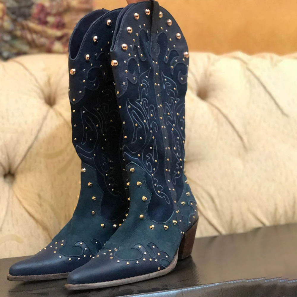 Navy Patchwork Pointed Toe Studs Embellished Cowboy Boots for Women