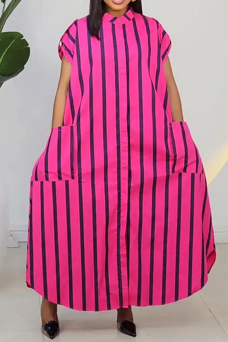Plus Size Business Casual Hot Pink Striped Shirt Collar Short Sleeve Pocket Maxi Dresses [Pre-Order] 2024 - Xpluswear