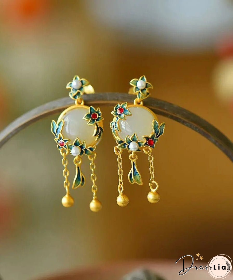 Modern Green Floral Sterling Silver Inlaid Hetian Jade Agate Pearl Drop Earrings