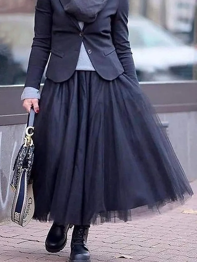 Daily Layered Pleated Stretchy Waist Solid Tulle Midi Skirt