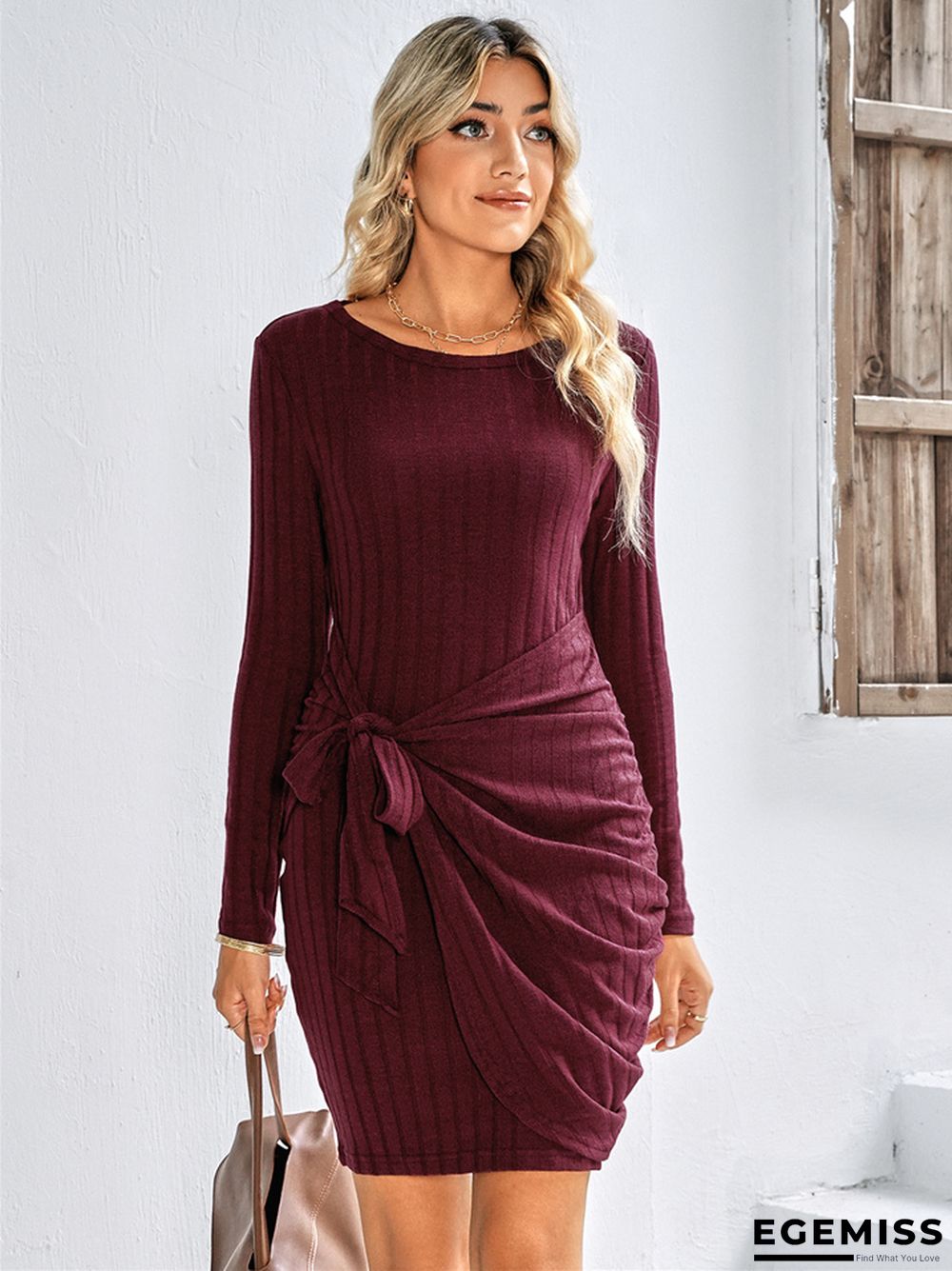 Fashion Round Neck Long Sleeve Solid Color Dress | EGEMISS
