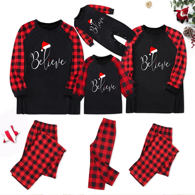 Believe Christmas Red Plaids Family Matching Pajamas Set