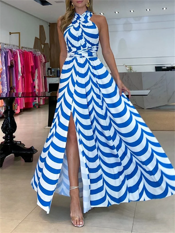 Women's Summer New Product Clear Sweet Stripe Neck High Waist Split Mid Length Dress