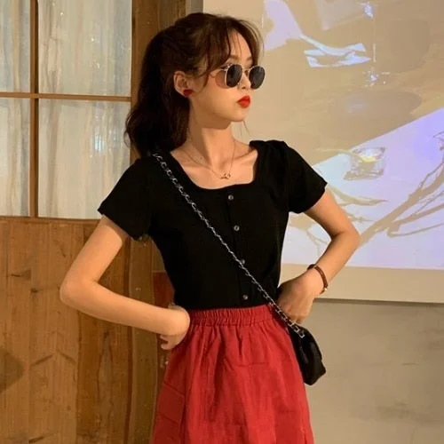 Cropped T-shirt Women Slim Solid Summer Fashion Button Retro Friend Daily Tops All-match Simple Korean Style Ins Chic Soft Basic