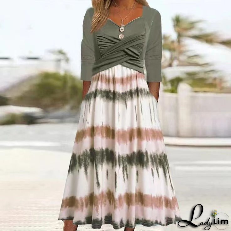 V-neck Printed Pocket Casual Dress with Matching Set