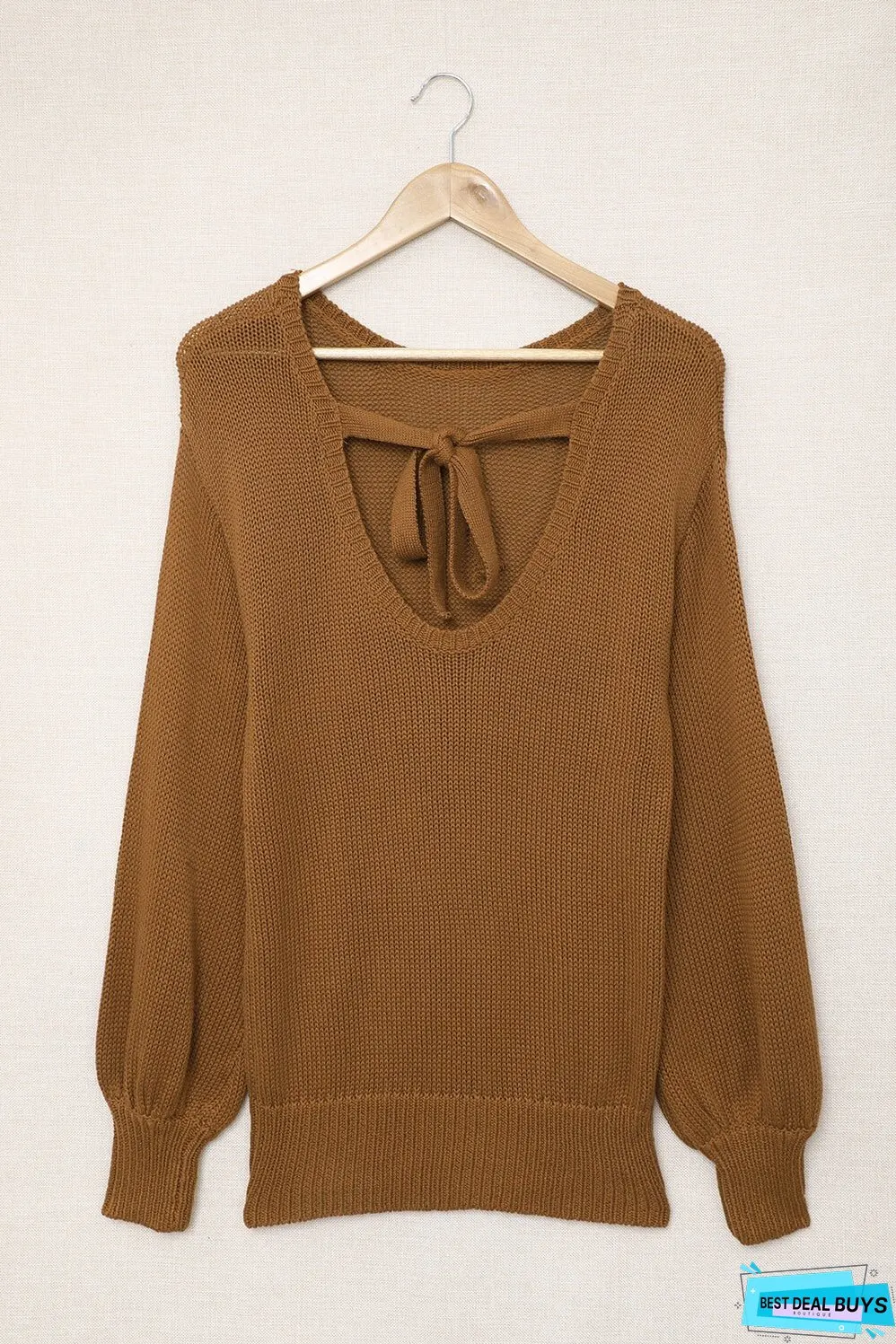 Tied Balloon Sleeve Round Neck Sweater