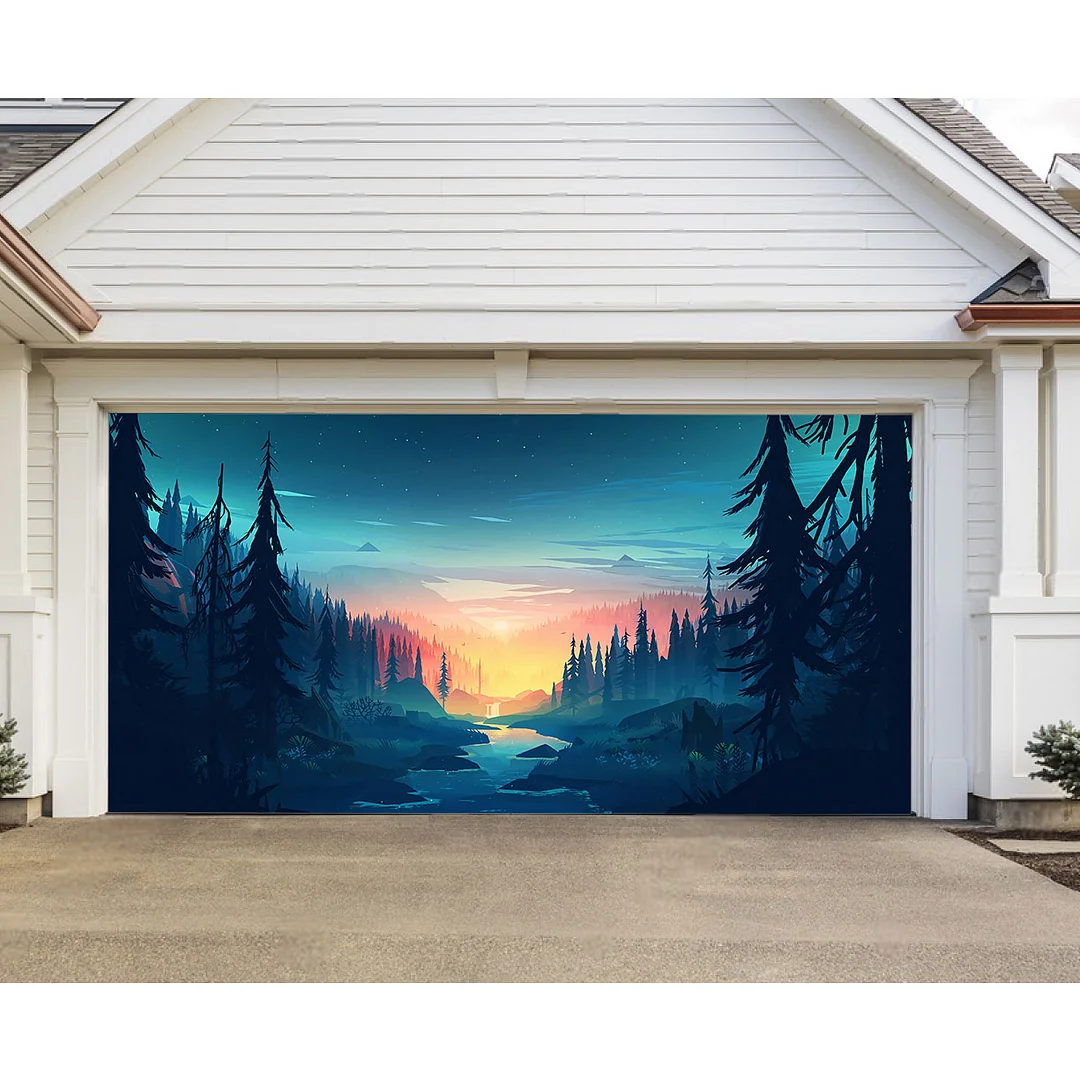 Vector Forest with Sunset  - Nature Scenery Garage Door Banner